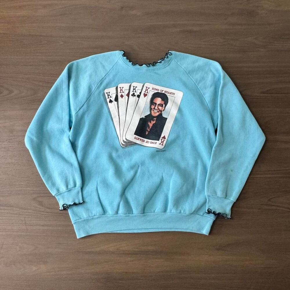 Vintage 80s Elvis Crewneck Baby Blue King of Hearts Frill Collar Size Medium